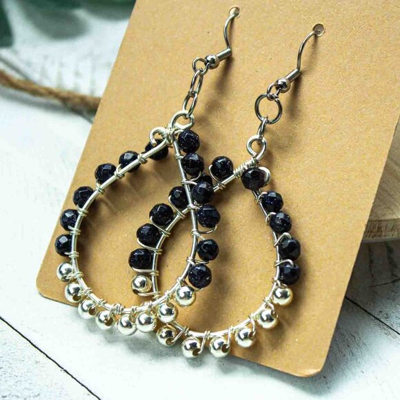 Teardrop Earrings with Blue Sandstone and Silver Accent Beads - Picture 3 of 12